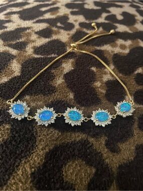 Gold Bracelet with Blue Opal Halo Stones - Women's Jewelry